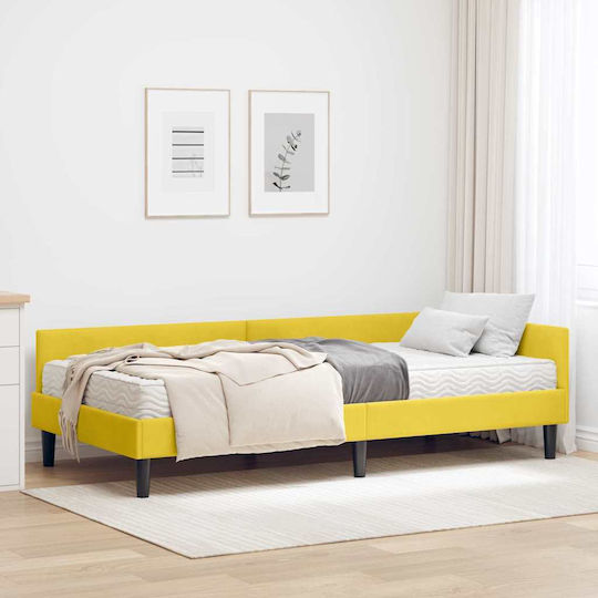 Pat Single Tapitat cu Catifea Galbenă cu Plăci și Saltea 100x200cm