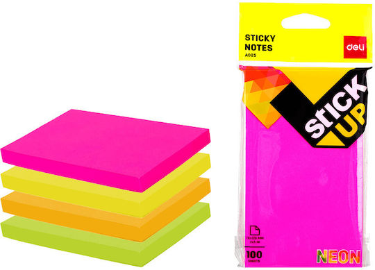 Deli Memo Pads Stickers Blister 100 Sheets 76x126mm Stick Up Neon Assorted 12 Pieces