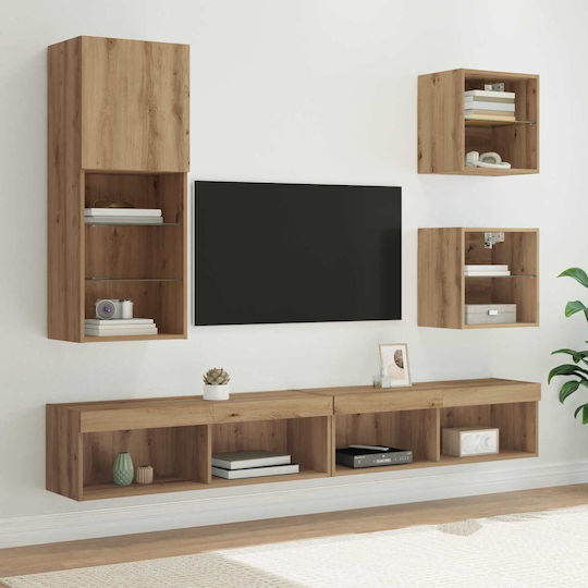 Living Room TV Unit with Showcase & Lighting Artisan Oak L100xW30xH30cm