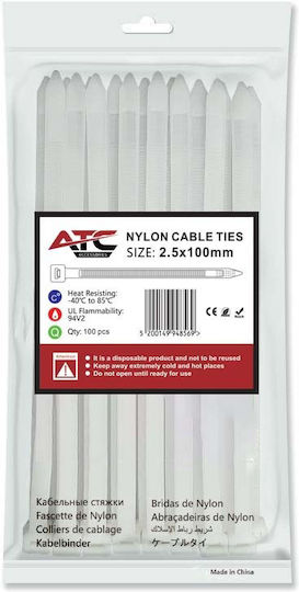 ATC Plastic Cable Ties 100mmx2.5mm In White Colour 100pcs 20.007.0007