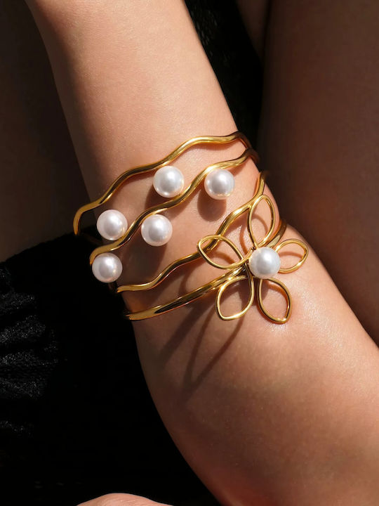 Enotia Damen Armband Handschellen Aus Edelstahl Vergoldet Mit Perlen 17cm