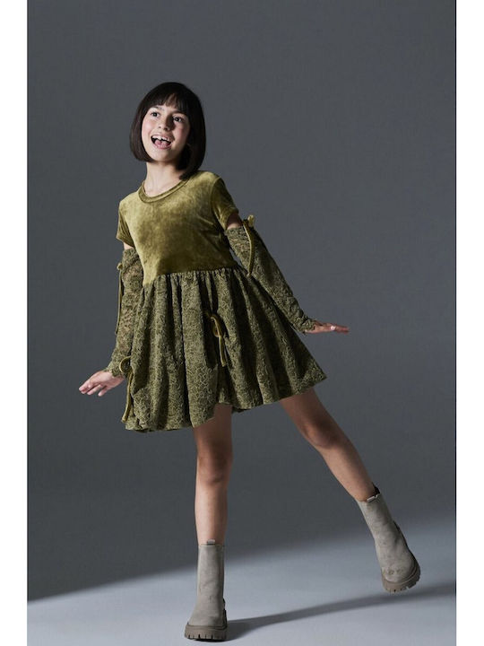 Children's Dress Velvet Olive