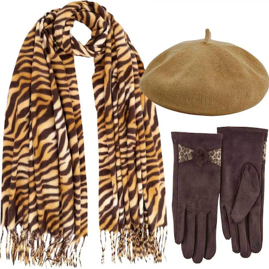 Frauen Set mit Beanie Gestrickt in Braun Farbe