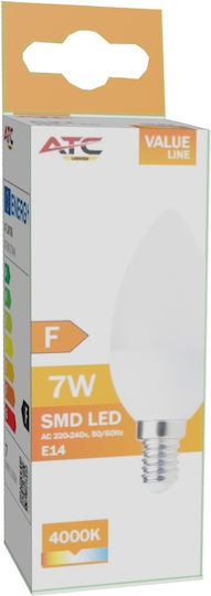 ATC LED Glühbirne 7W 100mm für E14 Fassung und Form C37 Naturweiß 600lm