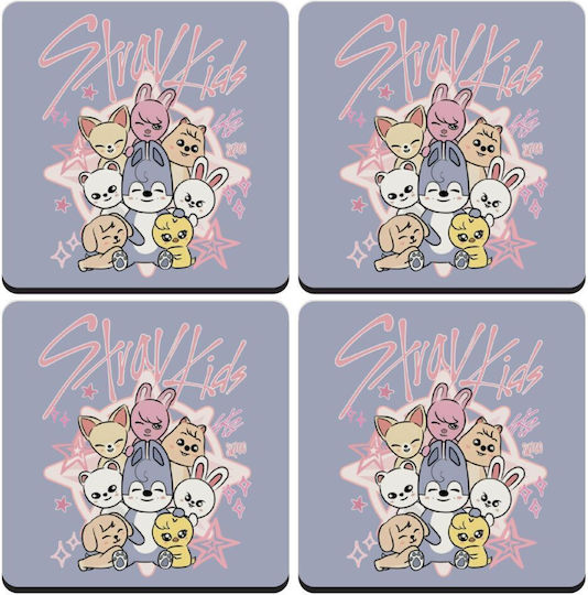 Stray Kids Pink Set of 4 Wooden Coasters Square 9cm