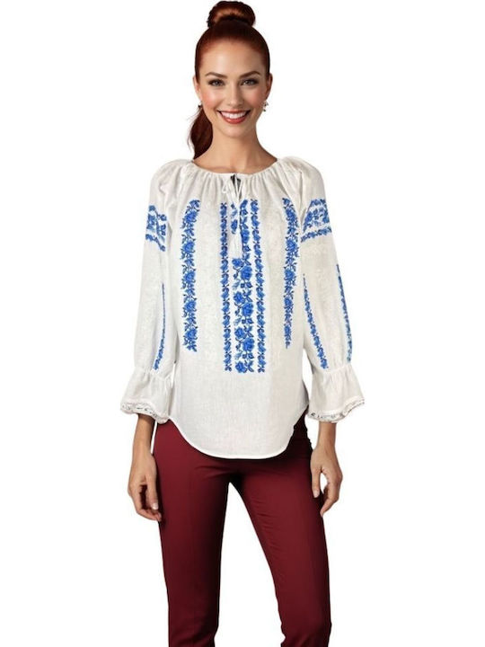 Bluza Damă Din Bumbac Cu Mânecă 3/4 Albă, Albastră