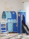 Pat pentru Copii Loft Bed Single Albastru pentru Saltea 90x190cm