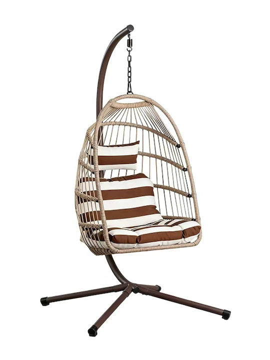 Egg Chair Swing with Stand and Pillow Rattan White/Brown L104xW100xH197cm Egg Chair Swing with Stand and Pillow Rattan White/Brown L104xW100xH197cm