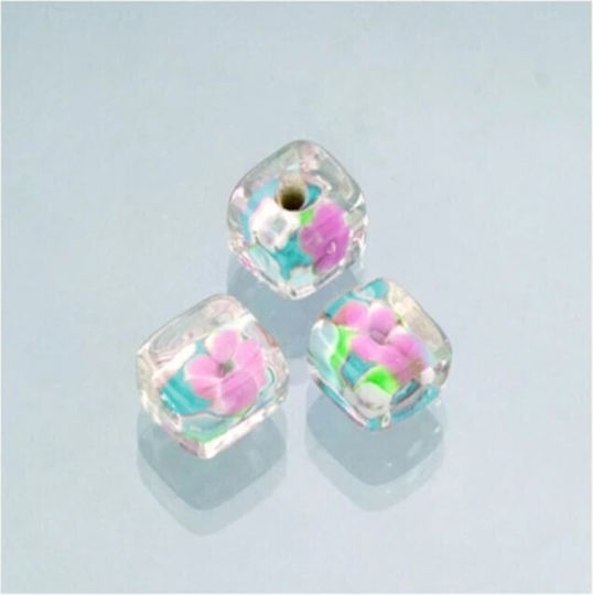 Perlen Efco Glas 10x10x10mm Quadratisch Flowers Blau 3Stück