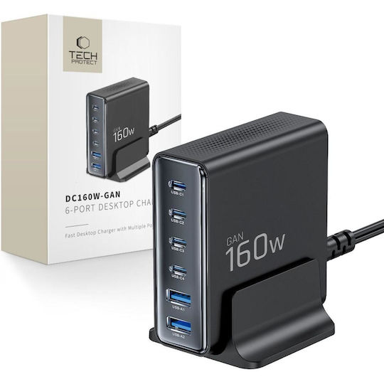 Tech-Protect Ladestation GaN mit 2 USB-A Anschlüsse und 4 USB-C Anschlüsse 160W Stromlieferung / Schnellaufladung 3.0 in Schwarz Farbe (DC160W-GAN)