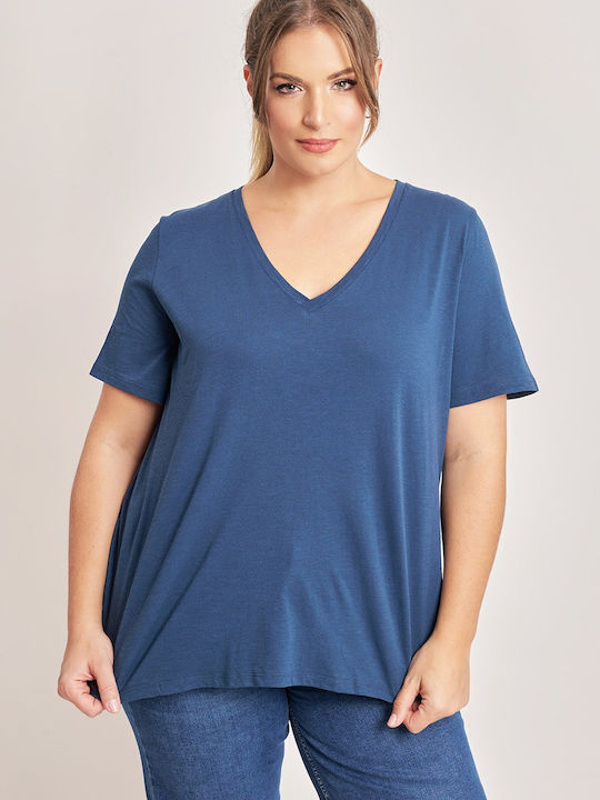 Bluza Damă Bumbac Mâneci Scurte cu Decolteu în V Albastră