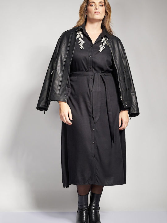 Rochie-Cămașă Midi Mânecă Lungă Neagră