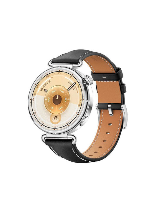 Soft Leather Watch Strap Silver Buckle Huawei Watch GT 6 41mm GT 5 41mm GT 4 41mm Black