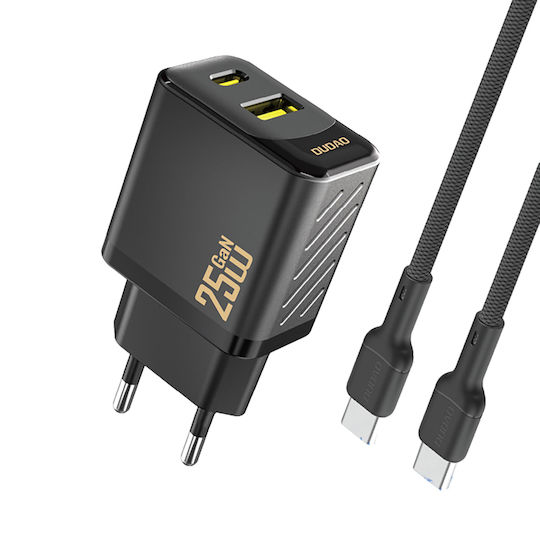 Dudao GaN с USB-A порт и USB-C порт и кабел USB-C - USB-C 25W Power Delivery Черен (A26TCEU)