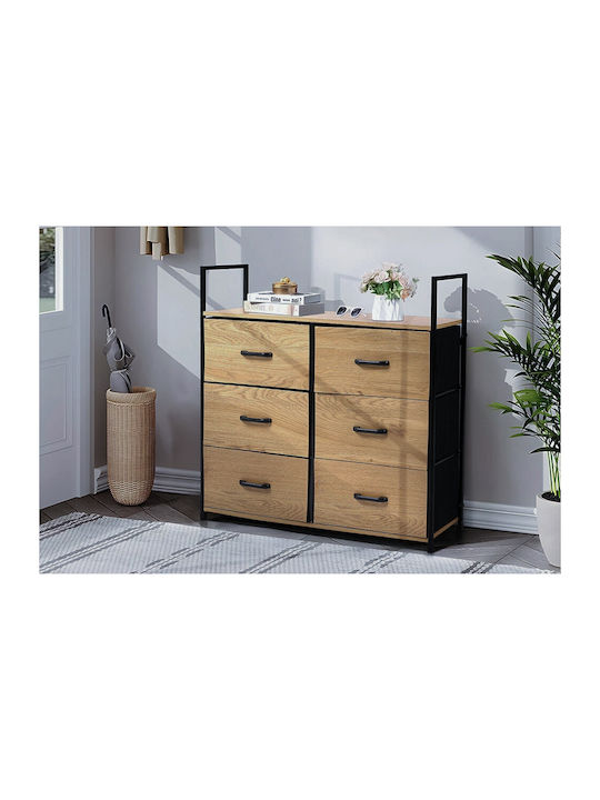 Kommode für Schlafzimmer aus Holz & Metall mit 6 Schubladen Eiche Schwarz mit Stoffüberzug 80,1x23,5x80cm