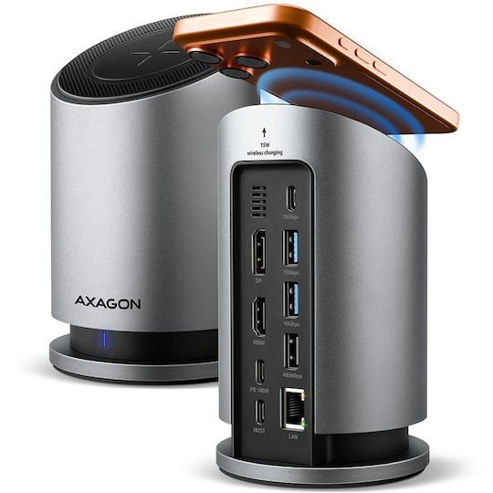 Axagon HMC-WL9 USB-C Docking Station mit HDMI/DisplayPort 4K PD Ethernet und Verbindung 2 Monitore Silber