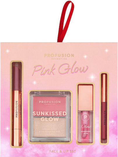 Set Machiaj Față Buze Luciu de Buze Duo Blush Highlighter Paletă Ulei de Buze Creion Pink Glow Profusion 4 Bucăți