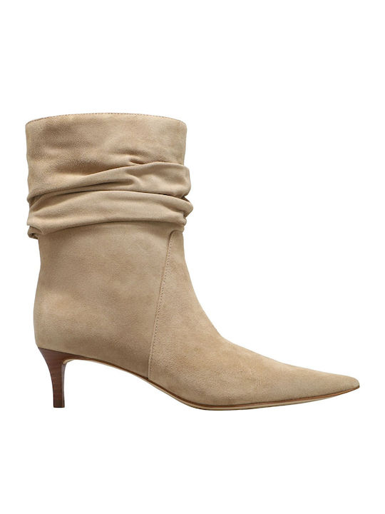 Suede Women's Ankle Boots with Medium Heel Beige