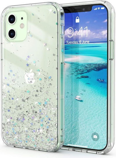 Jup Калъф 7402339 8865-23 iPhone 12/12 Pro Блестящи Сребърни Звезди Прозрачен TPU + PC 6.1"