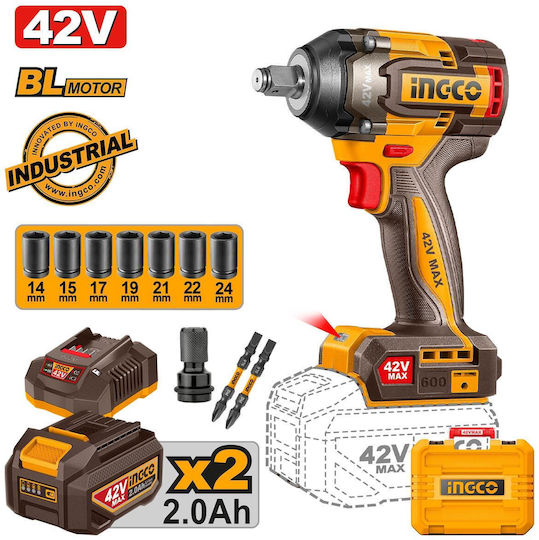 Ingco Brushless Impact Wrench Battery 42V 2x2Ah with Socket 1/2"