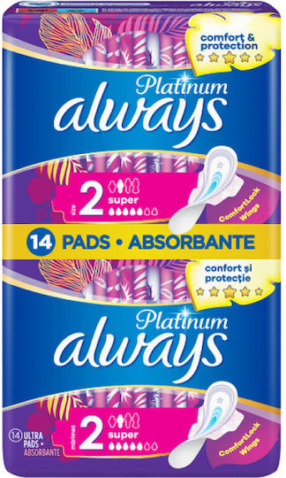 Always Platinum Ultra Super Plus Sanitary Pads with Wings for Normal Flow 5 Drops Size 2 in Double Pack 2x7pcs