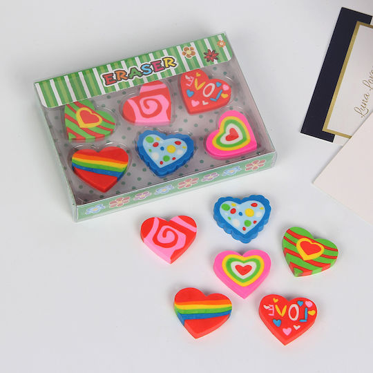 Set Radiere Heart Eraser 6 Bucăți Modele Multicolore Inimă