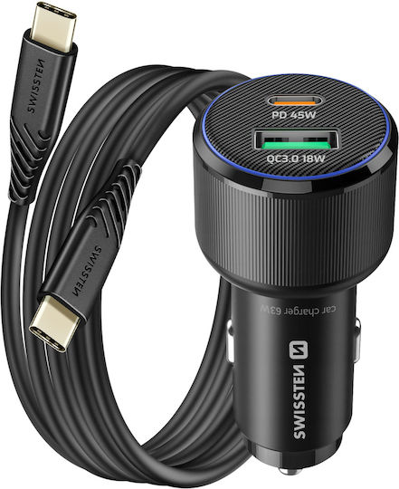 Swissten 45W PD USB-C 18W QC USB 3.0 Автомобилно Зарядно Устройство USB-C Кабел Черен