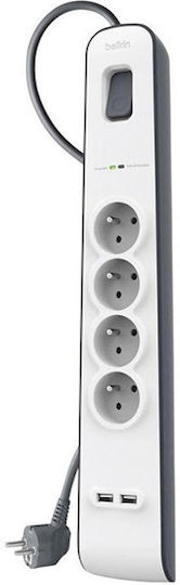 Belkin Πολύπριζο 4 Θέσεων με USB-A, Διακόπτη και Καλώδιο 2m