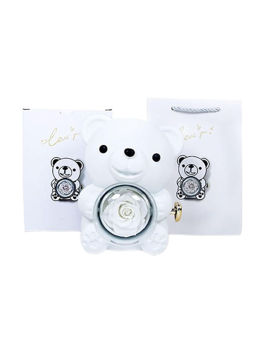 Rotating Teddy Bear Rose Jewelry Case White