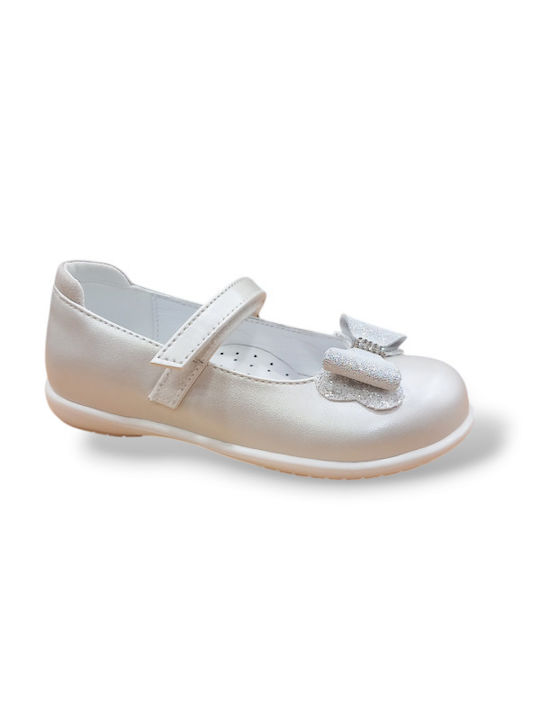 Kids Leather Ballerinas with Hoop & Loop Closure Silver