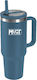 Must Team Glass Thermos Stainless Steel 900ml Blue with Straw