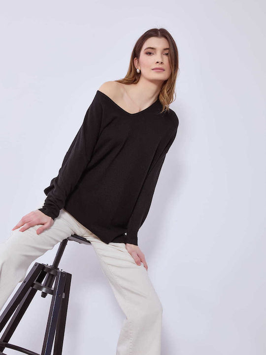 Celestino Γυναικείο Πουλόβερ Ανοίγματα Στο Πλάι Loose Fit Μαύρο