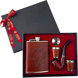 Men's Gift Set Vlv 5 Pieces Flask Pipe 2 Glasses Funnel Brown