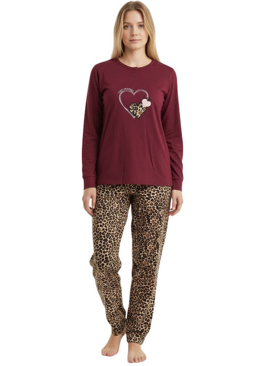 Lovelx Homewear Χειμερινό Γυναικείο Σετ Πιτζάμας Βαμβακερό Μπορντό