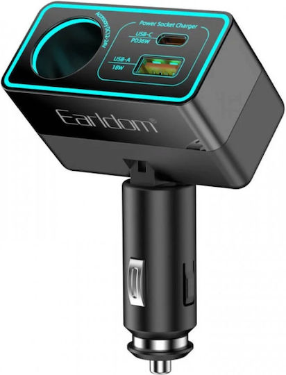 Earldom Car Charger 120W Fast Charging with Ports: 1xUSB 1xType-C 1xLighter with Cable Embedded