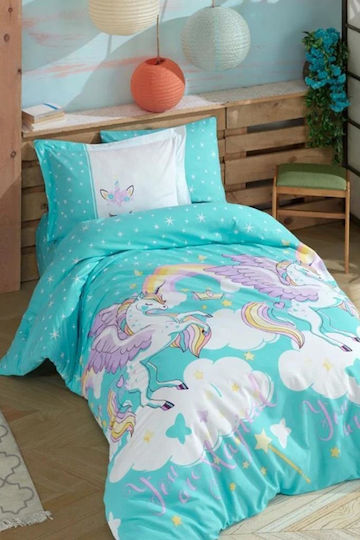 Kinderbettbezüge Set Einzel Türkis Einhorn Wolken 160x220 cm