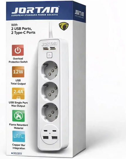 Jortan Πολύπριζο 3 Θέσεων με 4 USB-A, USB-C και Διακόπτη