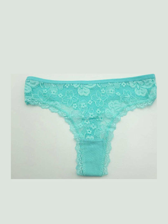 Topaki Cotton Women's String with Lace Turquoise