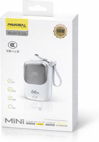 Pavareal Wj06 Power Bank 66W 10000mAh Fast Charging Built-in Cable White