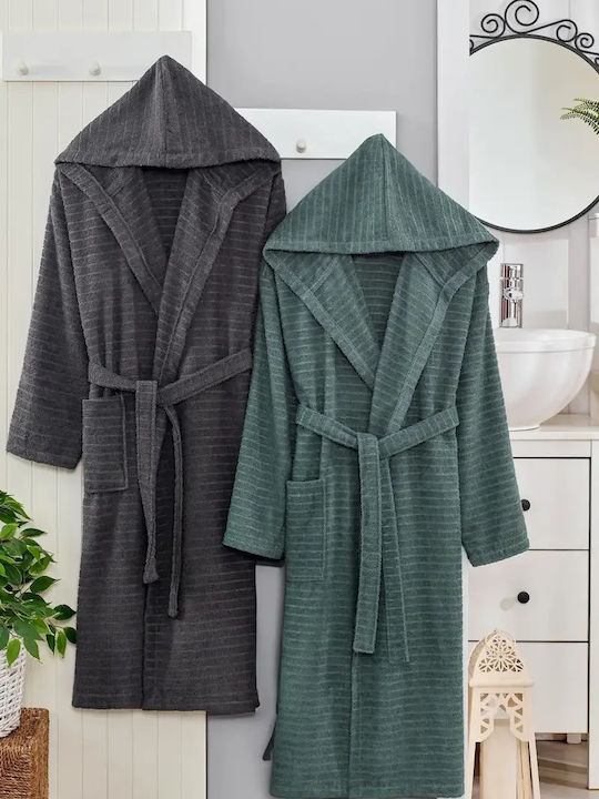 SteweHome Bademantel mit Kapuze – 100% Baumwolle Anthrazit & Grün L-xl 3xl