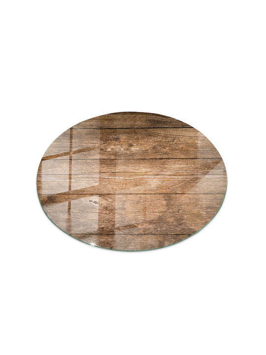 Round Table Panel Tempered Glass Wooden Plank Design Natural Style Ø 90 Cm