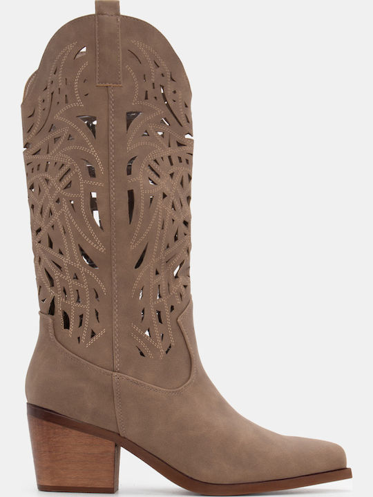 Synthetic Leather Medium Heel Cowboy Boots with Zipper Beige