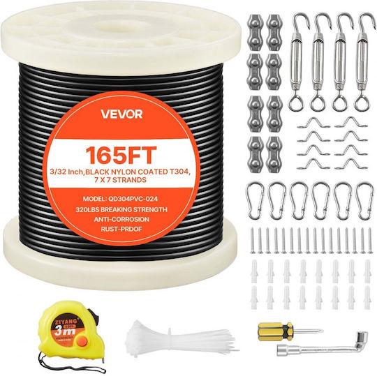 Vevor Wire Rope Kit 2.38 Mm Length 50.3 M Stainless Steel 304 Cable Breaking Strength 2 Kn Construction 7 X 7 Strand Steel Cable Deck Railing System Pergola Garden Lighting Series