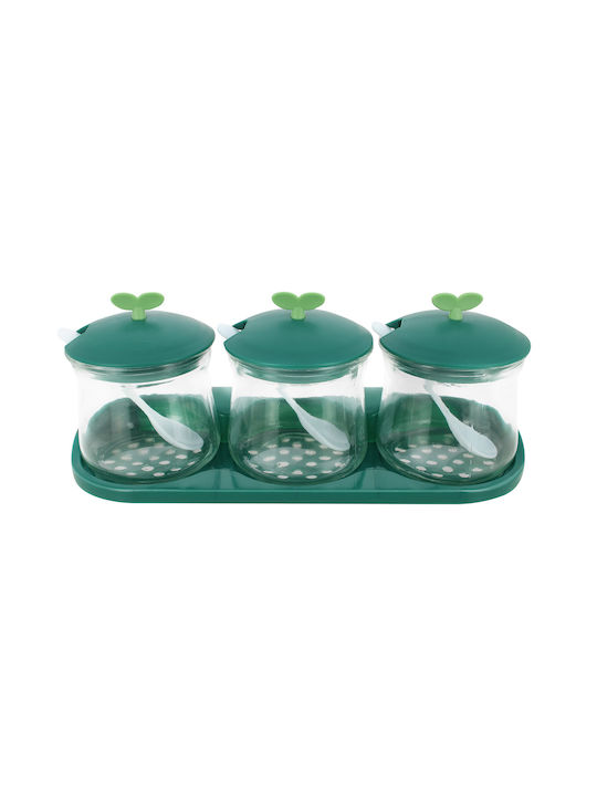 Cheffinger Set 3 Bucăți Borcane Pentru Condimente din Sticlă Capace din Plastic Suport Verde