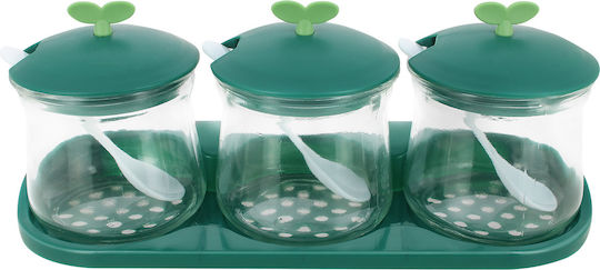 Cheffinger 3-piece Glass Spice Jars Set Lids Plastic Stand Green Cheffinger 3-piece Glass Spice Jars Set Lids Plastic Stand Green