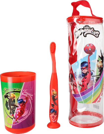 Tinokou Kinderzahnbürsten-Set Becher Kinder-Set Miraculous Rot