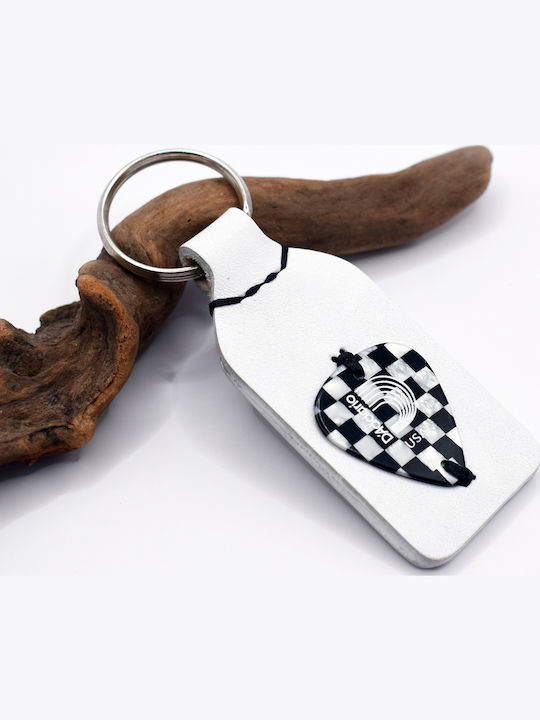 Handmade Leather Keychain Guitar Pick Checkered Black White White Leather