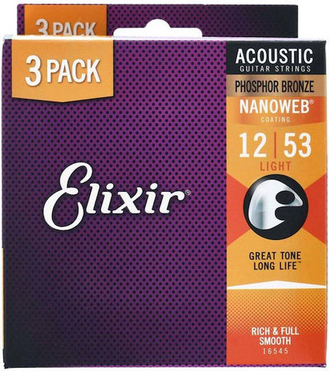 Elixir Nanoweb Set Corzi pentru Chitară Acustică din Fosfor Bronz 12 - 53"