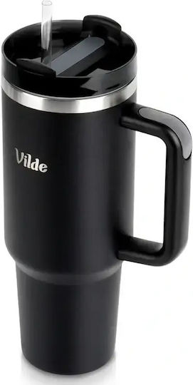 Vilde Handled Tumbler Θερμός Ανοξείδωτο 1.2lt Μαύρο με Καλαμάκι και Λαβή
