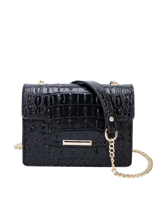 Avizar Women's Shoulder Bag Glossy Croco Effect Snap Button Closure Black